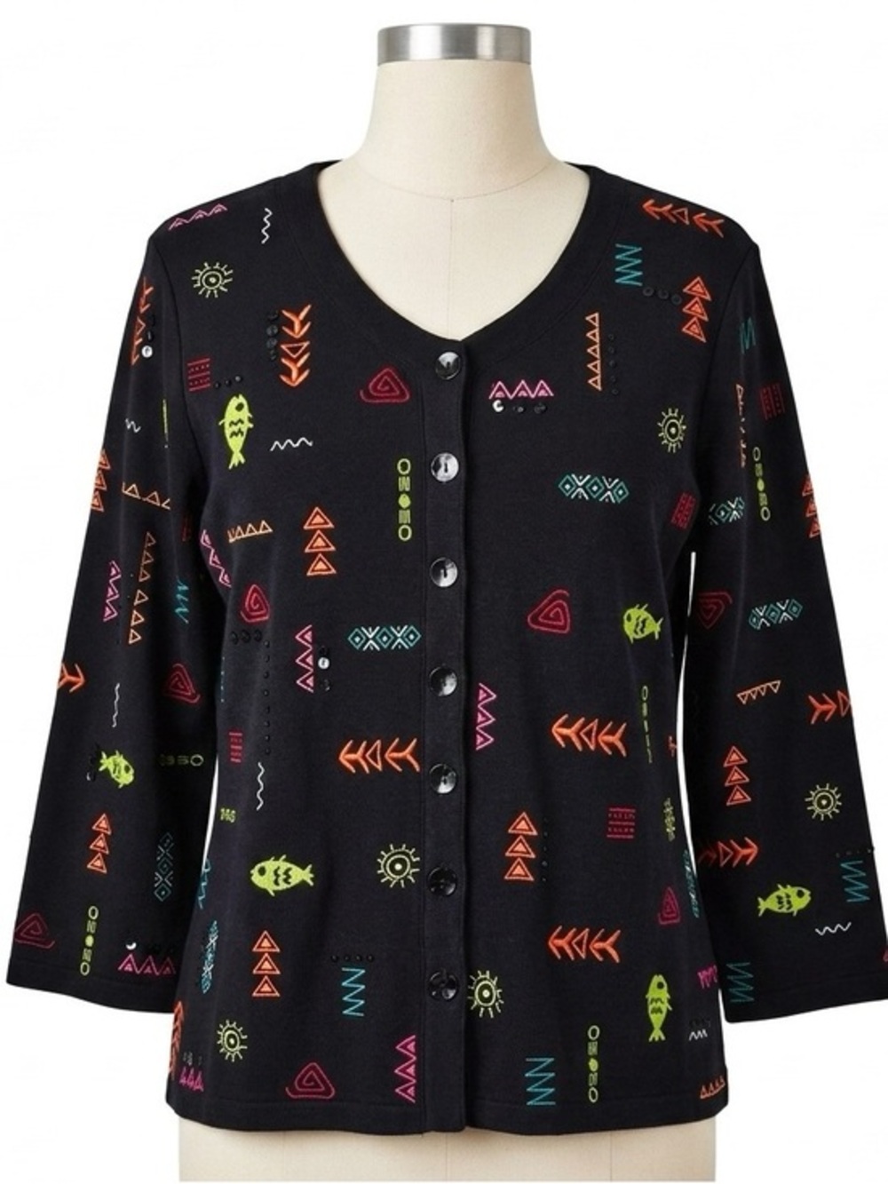 Vintage Ann Trinity 100% Cotton 90s Embroidered Beaded Fish Cardigan Size XL